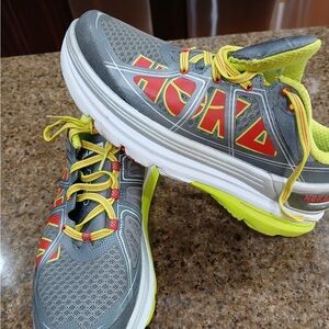 Hoka Gray with Neon Yellow & Red Accent Running Shoes